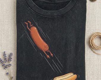 Chemise drôle de hot-dog sautant dans un chignon, chemise graphique de saucisse mignonne, chemise drôle du 4 juillet, chemise de nourriture de dessin animé rétro, chemise de cadeau de gourmet