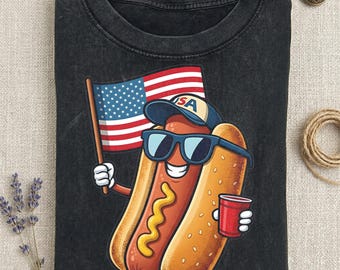 Chemise hot-dog du 4 juillet, chemise drôle de drapeau patriotique des Etats-Unis, chemise de nourriture de jour de l'indépendance, chemise américaine de partie de barbecue, t-shirt graphique de vacances d'été