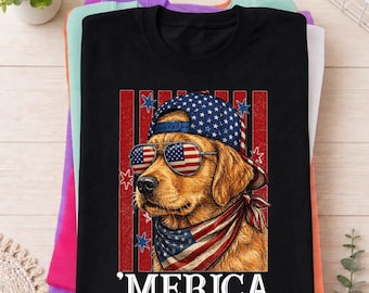 Comfort Colors Merica Purple Golden Retriever T-Shirt, Funny Patriotic Dog Tee, Retro 4th Of July USA Puppy Shirt, Dog Lover Gift