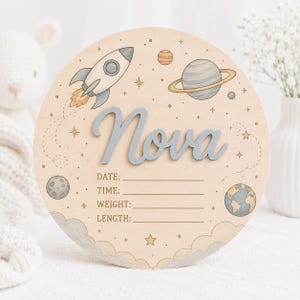 Custom Birth Announcement Sign, Personalized Nova Wood Plaque, Outer Space Rocket Nursery Decor, Wooden Newborn Birth Stats Reveal Gift