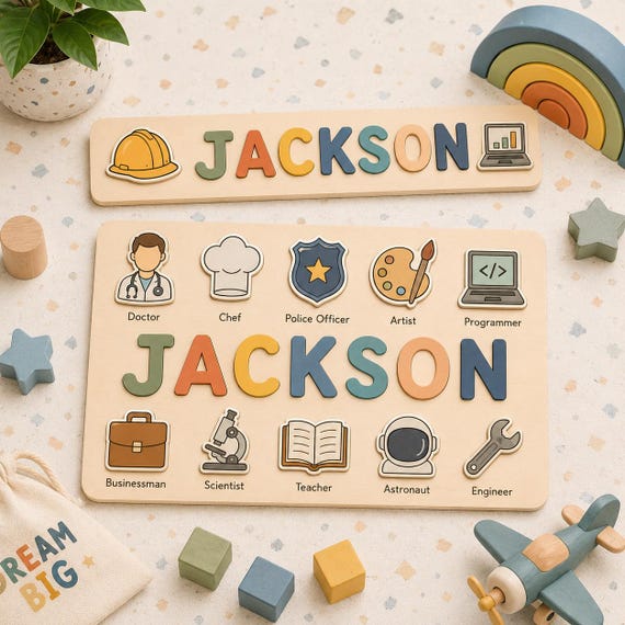 A name puzzle where each letter slot is a different profession/career icon — subtly plants the idea that this kid can be anything while teaching their name.