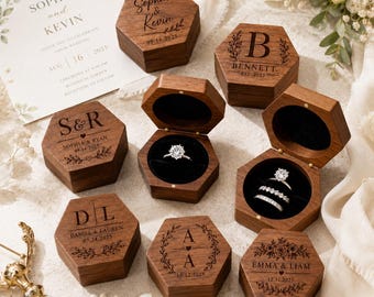 Personalized Wooden Ring Box, Custom Engraved Hexagon Ring Holder, Wedding Ring Bearer Box, Proposal Ring Box