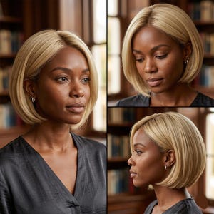 May include: A blonde bob wig with a natural-looking hairline. The wig is styled in a short, sleek bob cut. The model is wearing a dark gray top and small hoop earrings. The background includes a bookshelf.