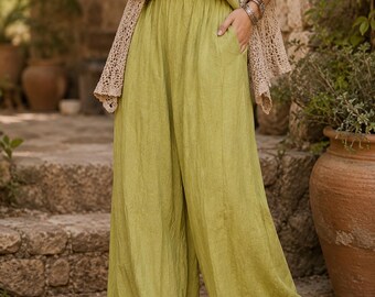 Tie Dye Wide Leg Pants, Cotton Ramie Palazzo Trousers, Flowy Elastic Waist Pants, Boho Resort Wear, Gift for Her