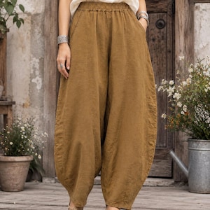 Women Linen Lantern Pants, Cropped Harem Trousers, Boho Summer Yoga Pants, Cottagecore Gift for Her