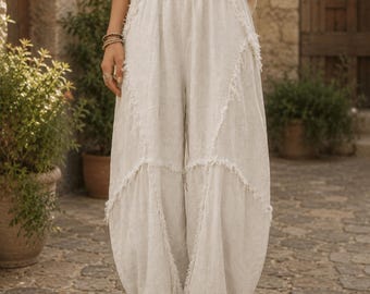 Boho Distressed Ramie Cotton Lantern Pants, Loose Harem Trousers, Vintage Balloon Pants, Artsy Vacation Wear, Gift for Her