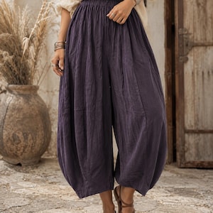 Frauen Cropped Laterne Hose, Haremshose aus Baumwolle Ramie, lockere Boho Ankle Hose, Sommerhose mit Elastischer Taille, Geschenk für sie