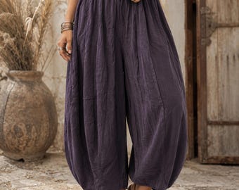 Women's Cropped Lantern Pants, Cotton Ramie Harem Trousers, Loose Boho Ankle Pants, Elastic Waist Summer Pants, Gift for Her