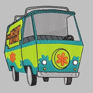 May include: Embroidered image of a teal, yellow, and green van with the text "Mystery Machine" on the side. The van has a flower emblem on the front and a black steering wheel. The van has a retro cartoon style.