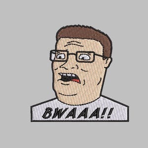 May include: An embroidered patch featuring a cartoon character with brown hair and black glasses, displaying a shocked facial expression with an open mouth. Below the character, the text BWAAA!! is stitched in black on a white background.