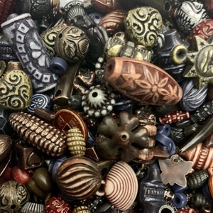 Antique beads and pendants, dark theme acrylic bulk bead soup mix, mixed hues of blues, blacks and browns