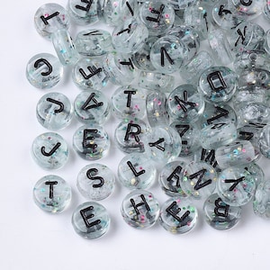 Glitter Alphabet Beads: Clear Acrylic with Black Letter (7mm), single letters or mixed
