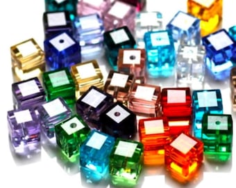 4mm Crystal Glass Cube Beads: Mixed Colors, Faceted Square