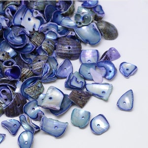 May include: A collection of blue and iridescent seashell pieces with holes drilled through them. The shells are various shapes and sizes, and some have a slight green hue.