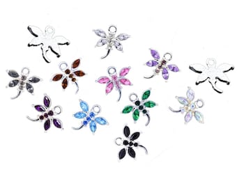 Dragonfly charms, glass rhinestone  dragonflies with silver back, assorted color charms