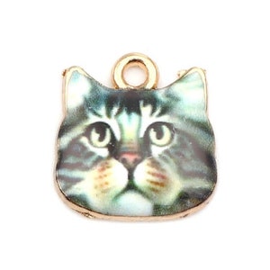 tabby cat charm, gray and white face kitten charm gold alloy cat face charm cat with whiskers adult cat gift for crafter,