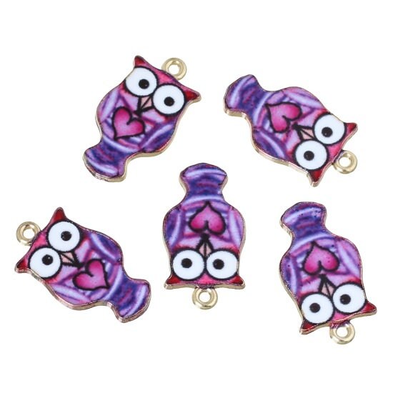Purple Enamel Owl Charm: Pink Heart Bird Pendant