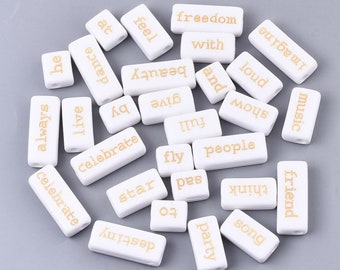 Inspirational Word Beads: White & Gold Flat Rectangle Charms