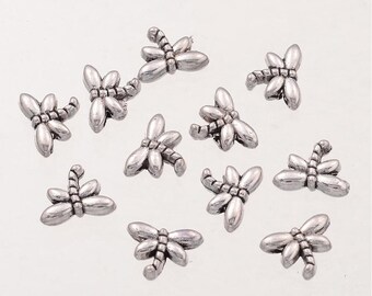 Dragonfly spacer bead, little 3d double sided metal beads,  antique silver tone