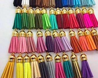 Suede Tassel Charms: Assorted Colors with Gold Caps (35-37mm)