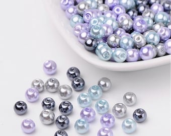 Silver theme blue Glass pearl  beads 6mm glass Beads pearlized beads faux pearl mixed shades of blue, purple silver gray gift for crafter