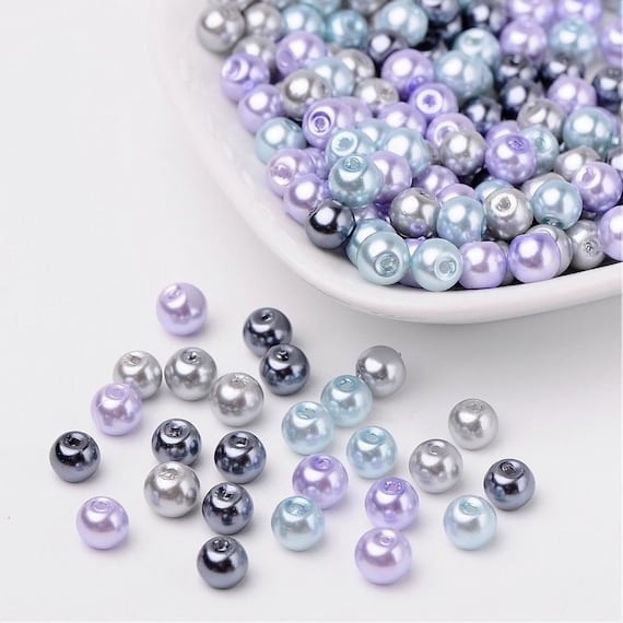 6mm Pearlized Glass Beads: Silver Theme Mix, Blue Purple Gray