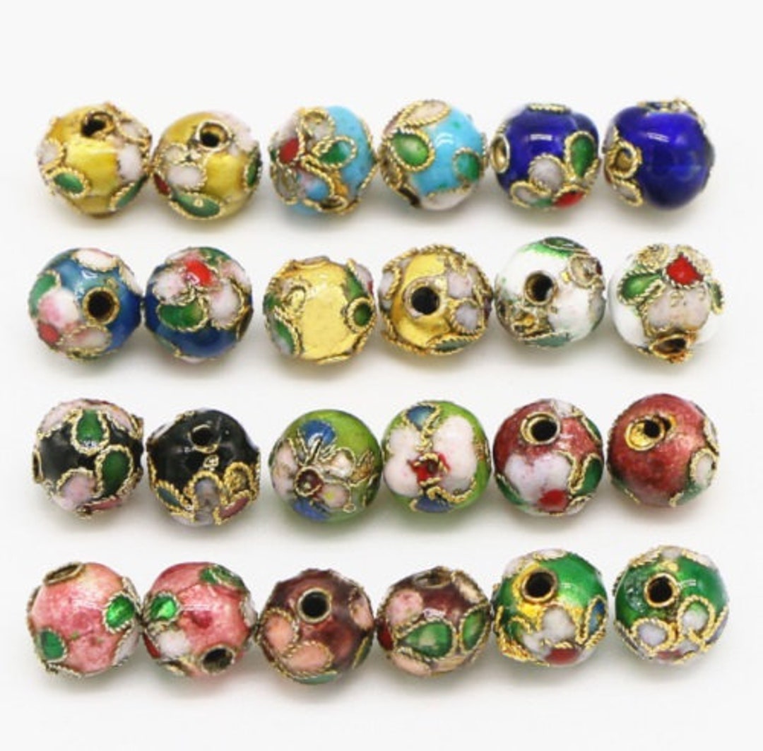 Cloisonné Enamel Beads , 6mm Metal Beads With Raised Pattern, Floral