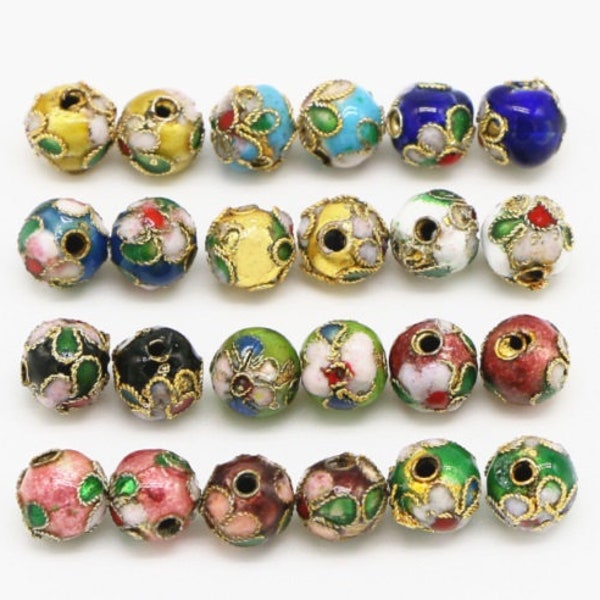 Perles en émail cloisonné, perles en métal de 6 mm avec motif en relief, motif floral avec bordure dorée, couleurs assorties à mélanger ou au choix