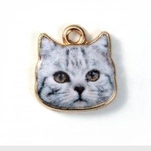 Cat face charm, enamel gray cat , gold backed gray and white cat charm