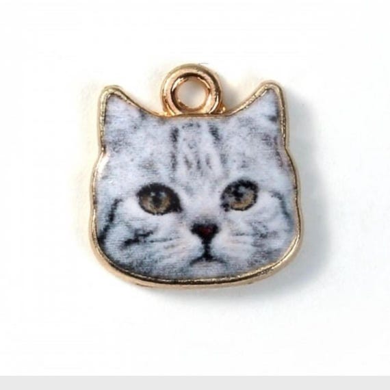 Enamel Gray Cat Face Charm: Gold-Backed DIY Jewelry