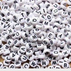 White Alphabet beads, white and black letter Round Acrylic 7mm Initial bead, choose bulk or single letters