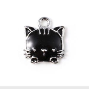 Black cat charm, silver plated kitten, black cat face with silver whiskers charm enamel cat charm