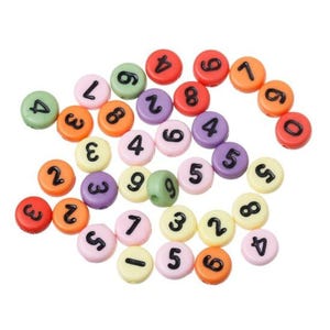 May include: A collection of round, multi-colored plastic beads, each featuring a single black printed number from zero to nine. The beads come in various pastel and vibrant shades, including pink, orange, yellow, green, purple, and red.