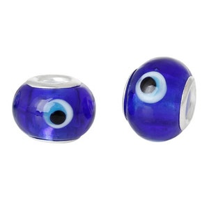 Evil Eye european glass beads, Blue big hole beads, dark blue with white evil eye bead mix