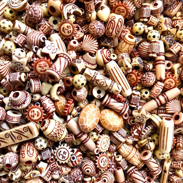 Antique brown beads and pendants, wood theme acrylic bulk bead soup mix, mixed hues of creams and browns