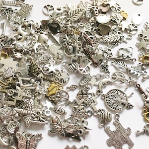 Puede incluir: Un gran surtido de colgantes de amuleto de plata con varios dise&ntilde;os, incluyendo signos de paz, estrellas, hojas, mariposas y mucho m&aacute;s. Los colgantes son perfectos para agregar un toque personal a los proyectos de joyer&iacute;a.