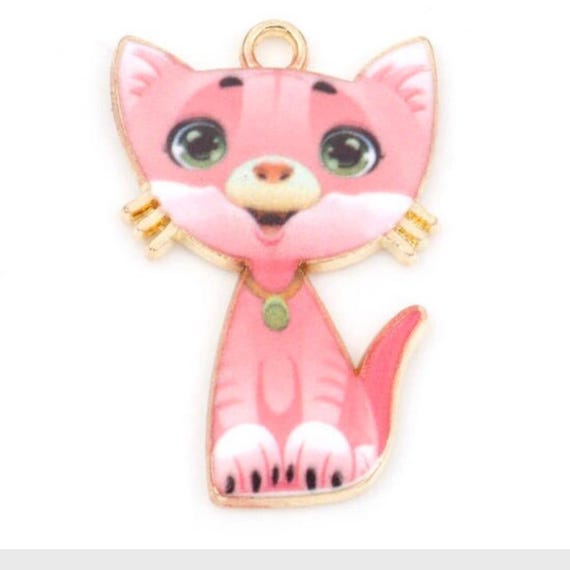 ピンクキャットのエナメルチャーム：金メッキペンダントまたは