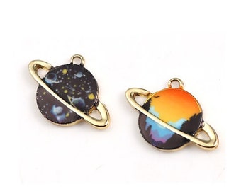 Galaxy planet charm, enamel celestial charms, orange planet or black stars  gold plated charm