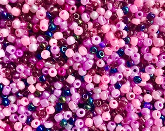 Pink Seed Bead Mix  assorted colors and sizes glass bead mix,  in pinks and purples