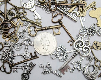 Key Charms, fancy assorted keys in brass, silver and gold tones bulk mix