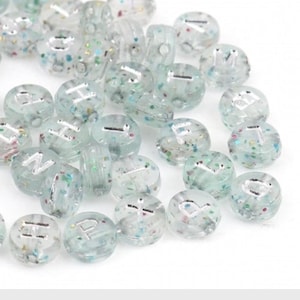 Alphabet bead, Clear with silver glitter ,  7mm round letter beads,  choose your letter or bulk beads, DIY bracelet beads