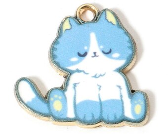 Blue cat, enamel cat with white belly, gold plated back, pendant charm