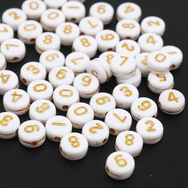 Perles chiffres métalliques en or blanc, perles lettres rondes en acrylique, 7 mm, chiffres assortis de 0 à 9 perles assorties