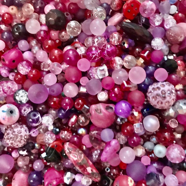 Pink bead soup, assorted glass with pink, purple and red bead mix of beads