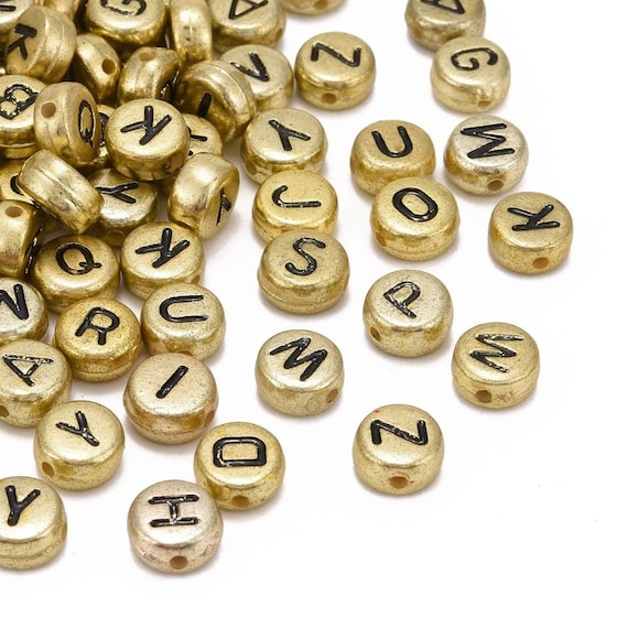 Gold Alphabet Bead With Letter Imprint Metallic Letter Beads Round