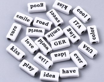 Word Beads: White with Black Letters, Flat Beads, same each side