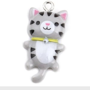 Grey Cat pendant charm, resin  cat with flat back, gray and black spotted cat with smiling face