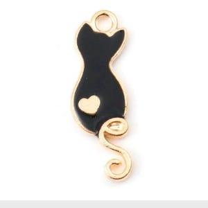 Black Enamel Cat Charm: Gold Plated Heart Tail Accent