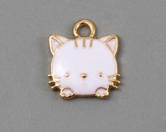 White Enamel Cat Charm: Gold Plated Kitten Pendant (15x13mm)