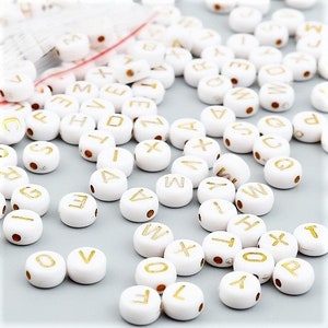 White gold letter, alphabet metallic letter Beads, Round Acrylic 7mm beads, Pick letter or bulk lot, gift for crafter